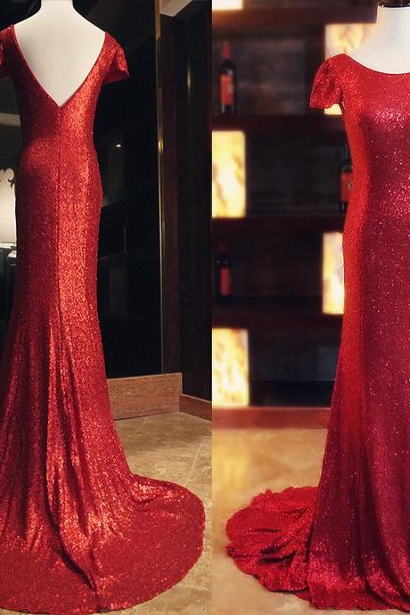 Short Cap Sleeves Dark Red Sequin Prom Dress