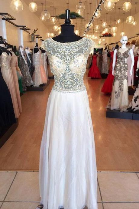 Sheer Neck Cap Sleeved Beaded Prom Dress With Illusion Bodice