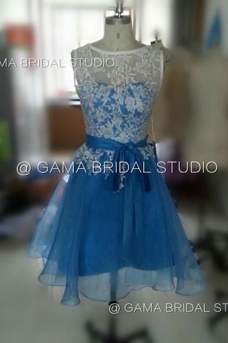 Blue Short Party Dress, Short Bridesmaid Dress, Homecoming Dress With Removable Sash