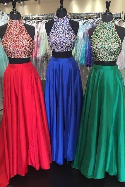 High Neck Two Pieces Prom Dress With Beaded Crop Top