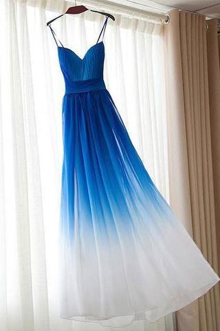 Spaghetti Straps Blue Gradient Evening Dress