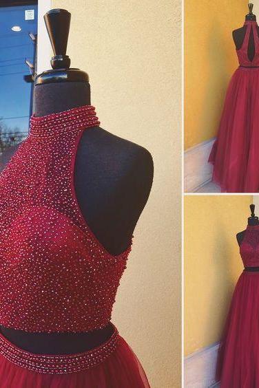 Wine Red High Neck Two Piece Prom Dress