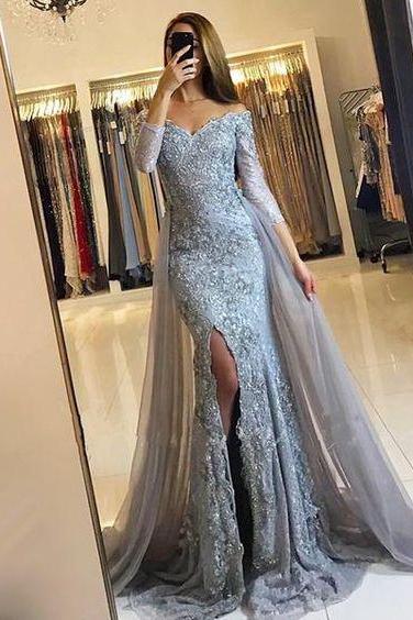 Long Sleeves Grey Lace Prom Dress With Detachable Skirt