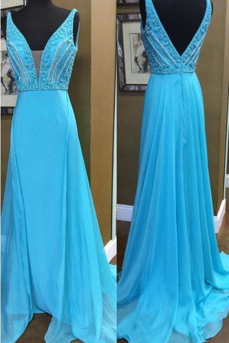 Plunging Neck Blue Prom Dress With Beads