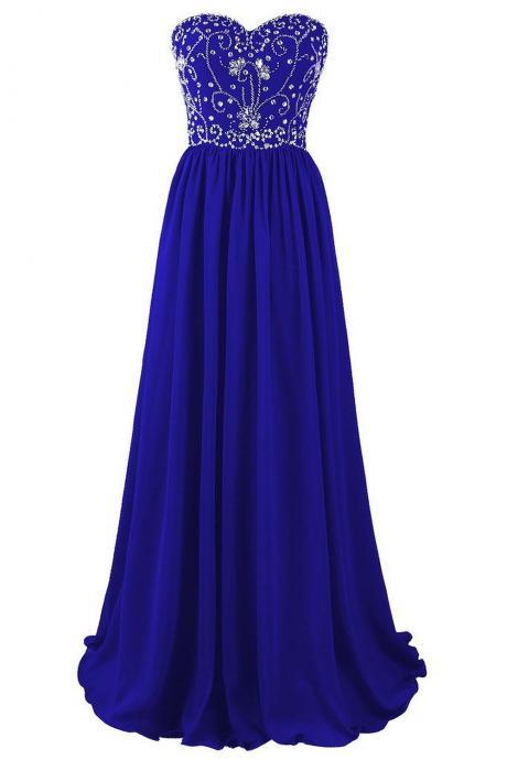Sleeveless Long Royal Blue Chiffon Prom Dress With Beads