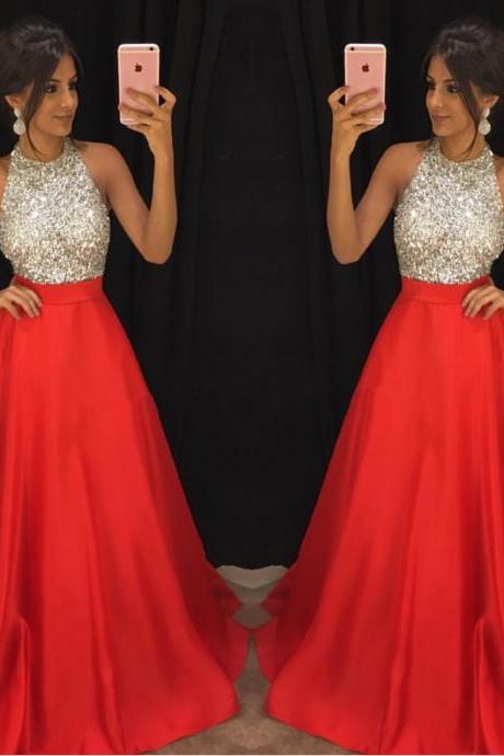 A-line Red Prom Dress With Silver Bodice