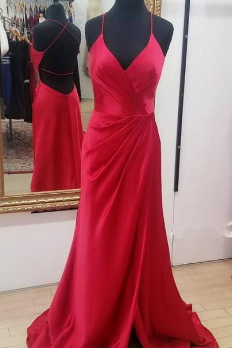 Red Slit Prom Dress With Tie Strings