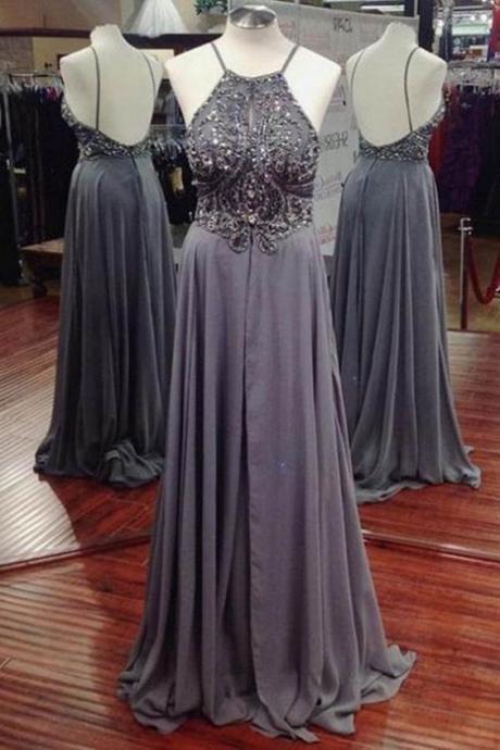 Spaghetti Straps Backless Grey Prom Dress With Beads