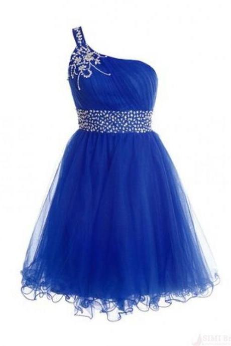 One Shoulder Short Royal Blue Cocktail Dress With Beaded Wasit