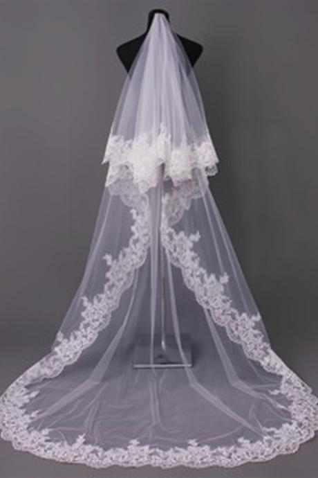 Floor Length 2t Bridal Veil With Applique Lace Edge