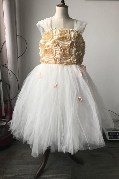 Ivory Flower Girl Dress With Gold Rosette Bodice