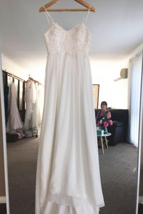 Spaghetti Straps Empire Waist Ivory Wedding Dress With Beaded Lace Bodice