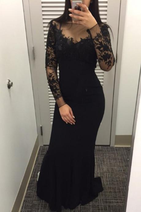 Sheer Neck Long Sleeves Black Formal Occasion Dress, Black Prom Dress, Long Sleeves Evening Dress