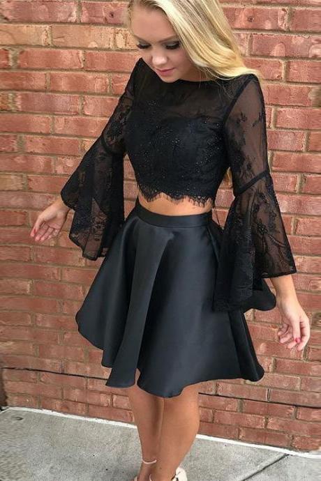 Short Black 2 Piece Prom Dress With Flare Sleeves