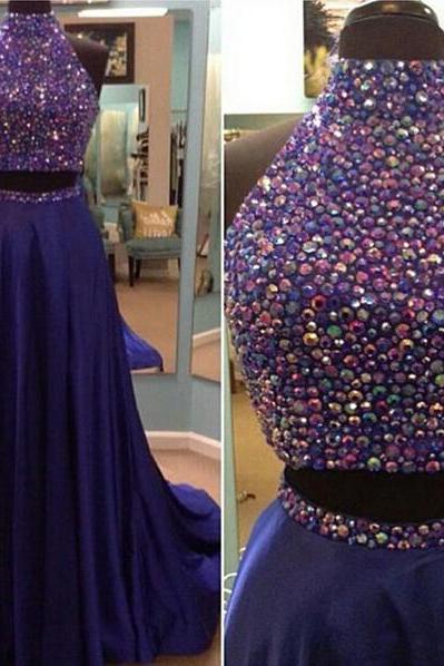 Two Pieces Purple Prom Dress With Crystals