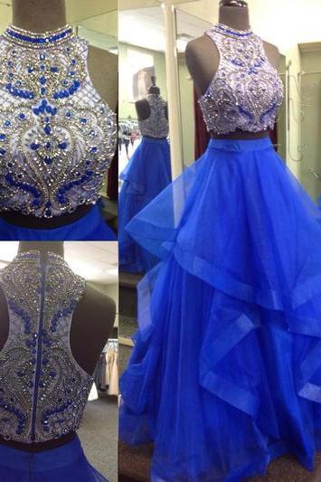 Two Pieces Beaded Prom Dress With Tiered Skirt
