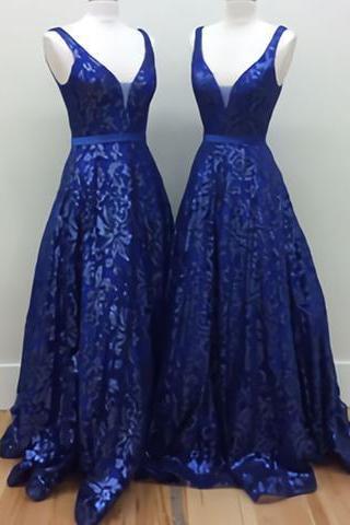 Plunging Neck Royal Blue Lace Evening Dress