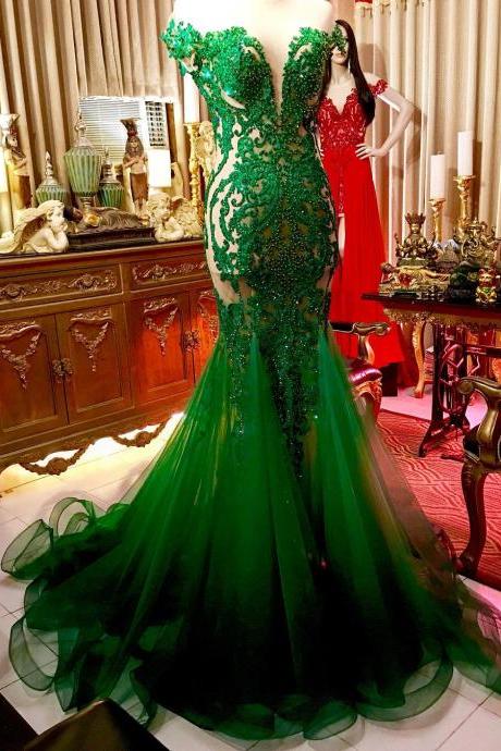 Illusion Back Green Mermaid Prom Dress With Beading