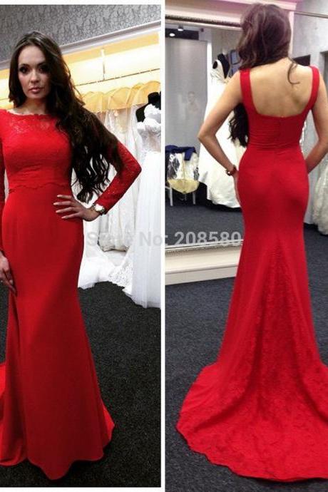 Long Sleeves Red Formal Occasion Dress With U Back