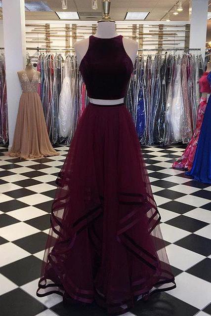 Two Pieces Prom Dress With Velvet Crop Top