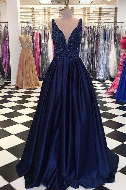 A-line Plunging Neck Navy Prom Dress