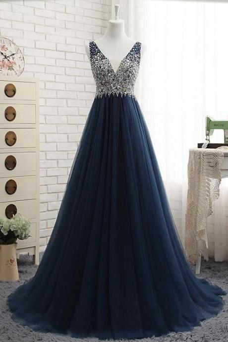 A-line V Neck Sparkle Navy Blue Long Prom Dress With Open V Back