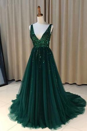 V Neck Long Dark Green Prom Dress With Beads