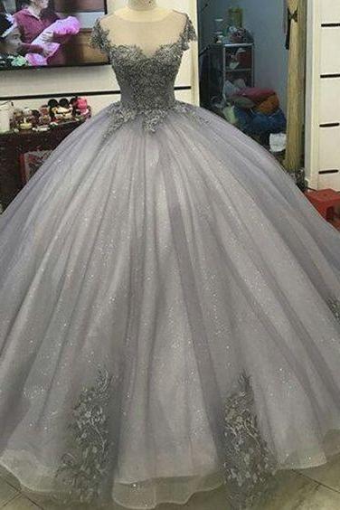 Sheer Neck Grey Tull Ball Gown Quineanera Dress With Pink Floral Lace