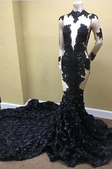 Long Sleeves Black Mermaid Prom Dress With Rosette Train