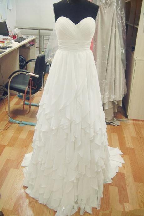 Sleeveless Tiered Ivory Chiffon Wedding Dress