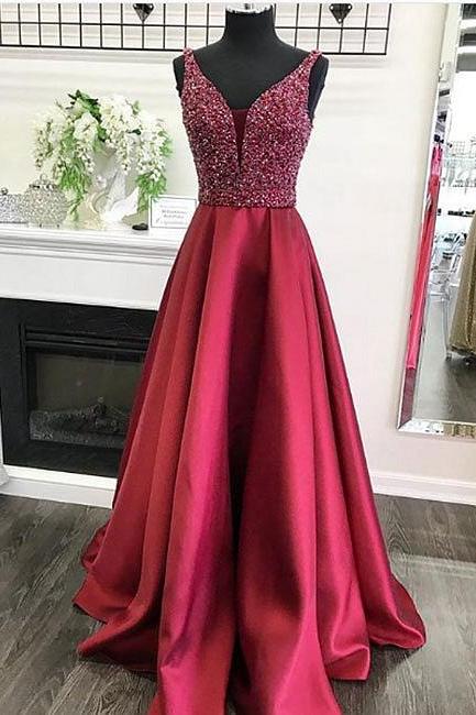 Plunging Neck Prom Dress With Beaded Bodice