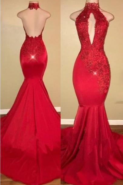 Backless Red Prom Dress With Keyhole Front