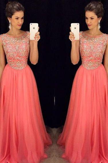 Coral Prom Dress With Beads Floor Length Evening Dress