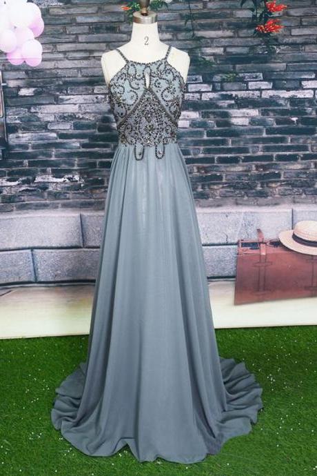Gray Prom Dress, Long Chiffon Prom Dress, Beaded Prom Dress