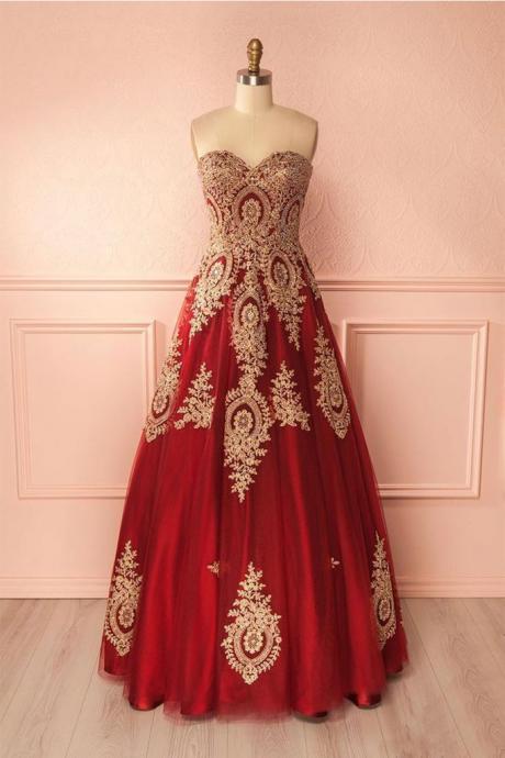 Sleeveless Red Prom Dress With Gold Appliques