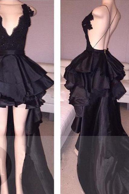 Scalloped V Neck Black High Low Prom Dress