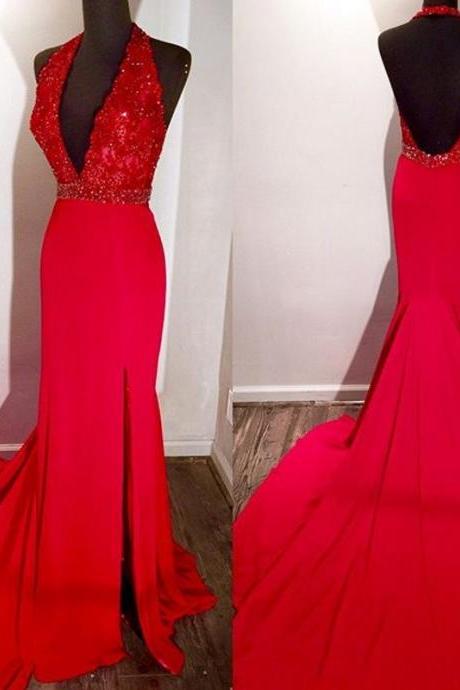 Backless Halter Red Jersey Prom Dress