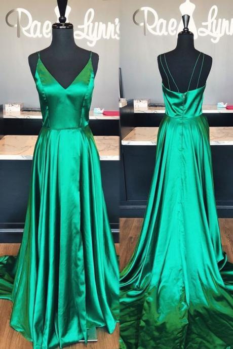 V Neck Emerald Green Prom Dress