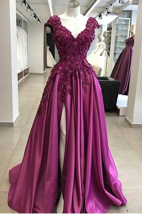 Cap Sleeves Prom Dress With Slit