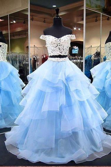 Light Blue Two Pieces Prom Dress With Lace Crop Top