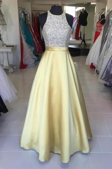 Jewel Neckline Sleeveless Gold Prom Dress With Beads