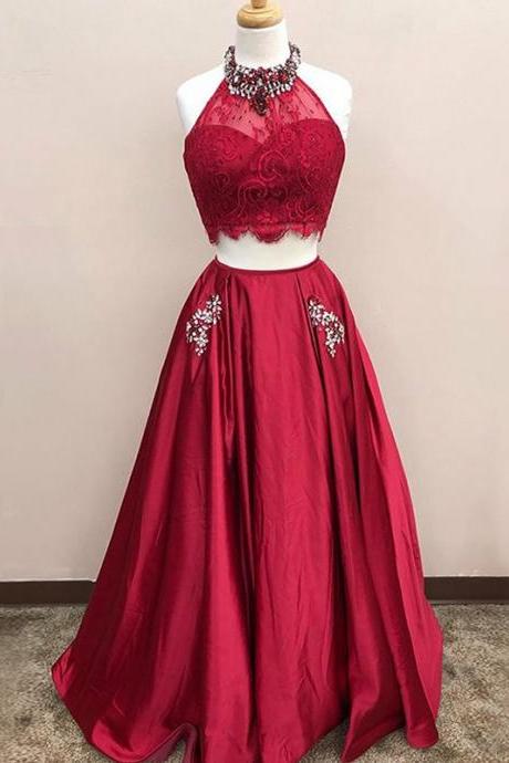Beaded Collar Two Pieces Prom Dress With Pockets