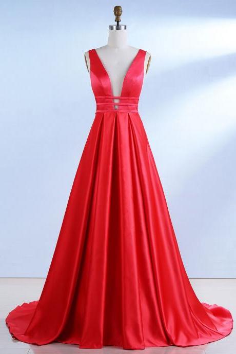 A-line Plunging Neck Red Prom Dress