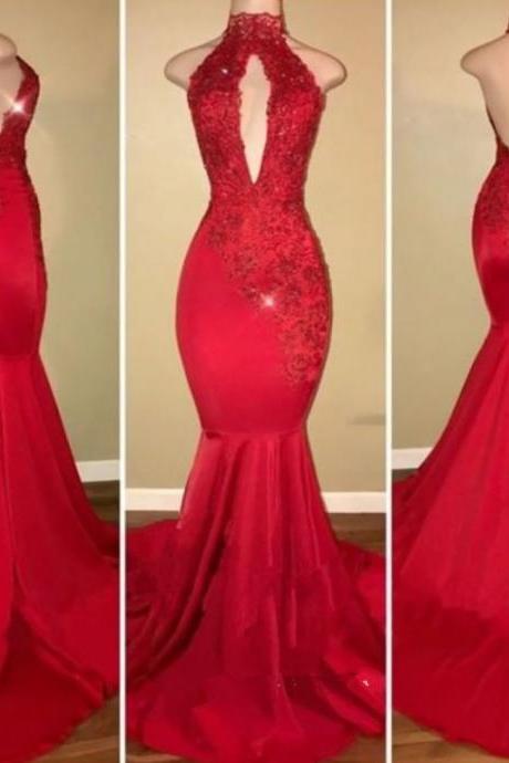 Low Back Red Mermaid Prom Dress With Keyhole Chest