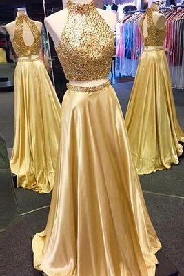 Two Pieces Prom Dress With Beaded Crop Top Keyhole Back