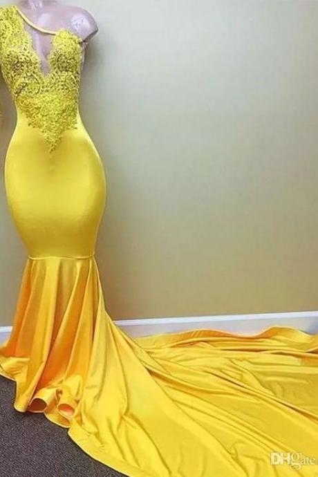 One Shoulder Yellow Mermaid Prom Dress