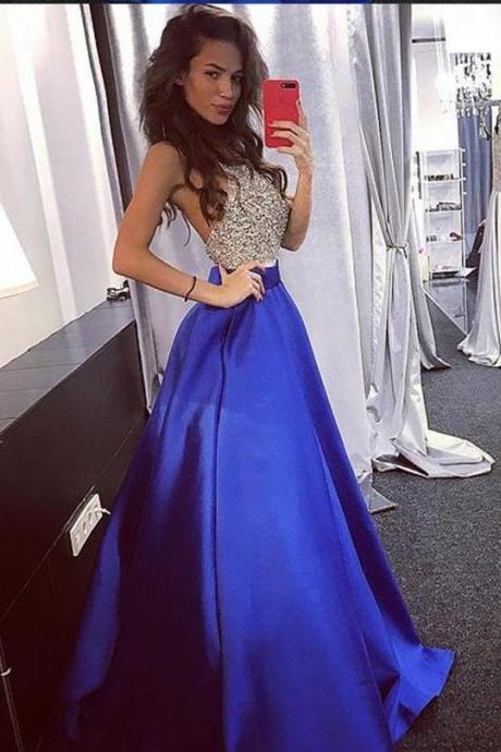 Halter Royal Blue Prom Dress With Beaded Bodice