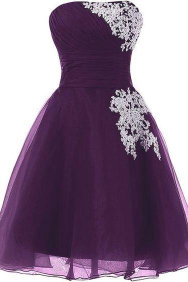 Strapless Purple Short Party Dress with Appliques