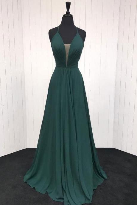 Illusion Plunging Neck Green Prom Dress