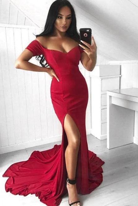 Off The Shoulder Wine Red Formal Occasion Dress With Split